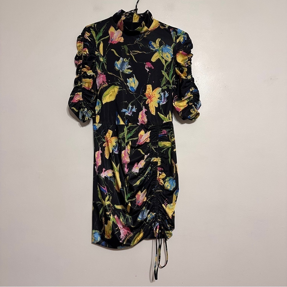 Black Halo Otto Ruched Mockneck Mini Dress in Vibrant Floral Size 6 Black - Picture 4 of 8
